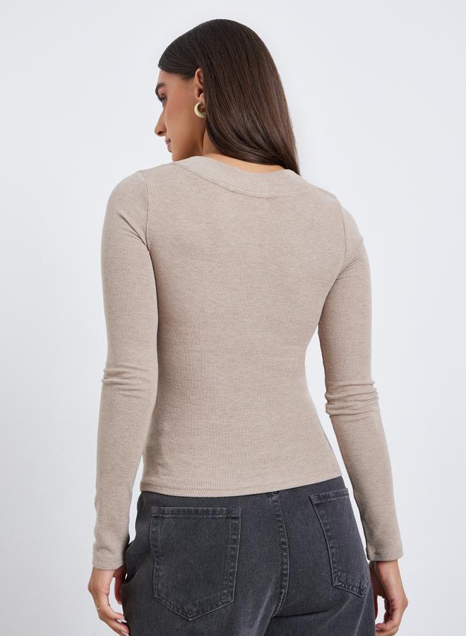 Styli Women Beige Long Sleeve Square Neck Knit Top - Image 5